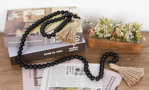 Miniatura 4 de Guirnalda de cuentas de madera de 58 pulgadas con borlas, decoración rústica de granja, decoración de oración bohemia para colgar en la pared (negro)