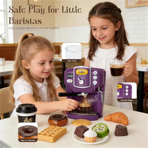 Miniatura 6 de Toylink Cafetera de juguete para niños con sonido y luces, juego de café morado para niños, accesorios de cocina con tazas y comida de juego