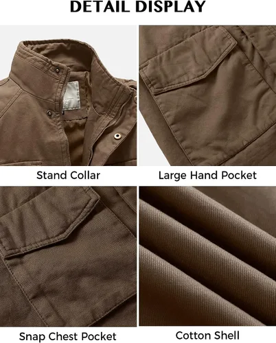Miniatura 7 de WenVen Chaqueta ligera de estilo militar para hombre, rompevientos de algodón de sarga