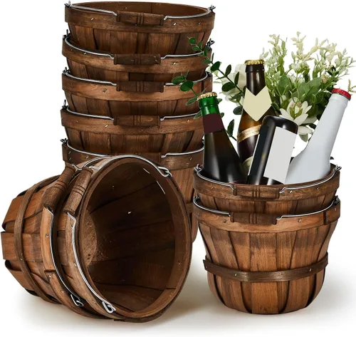 Miniatura 4 de Marsui 1 cesta redonda de madera para manzana, pequeño bushel con asas para regalos, cesta vacía, cubos de frutas para recoger fresas, flores