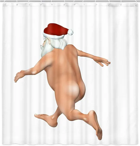 Miniatura 3 de Divertida cortina de ducha de Navidad, linda cortina de ducha de Papá Noel desnudo corriendo loco para baño, moderna cortina de baño de tela