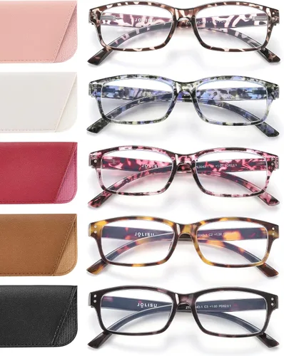 JOLISU Gafas de Lectura para Mujeres y Hombres - Paquete de 5 Gafas de Lectura Elegantes para Damas con Bisagra de Resorte - Gafas de Bloqueo de Luz