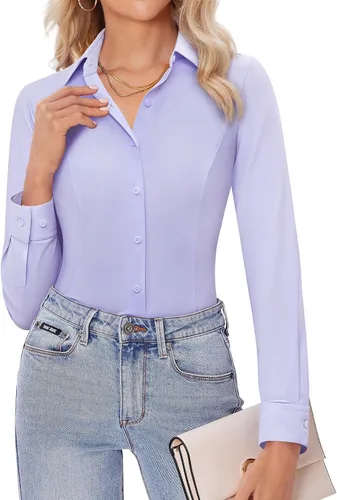 Miniatura 7 de Siliteelon - Camisas de vestir para mujer, manga larga, ajustadas, con botones, elásticas, sin arrugas, con cuello, para negocios, casual, blusa