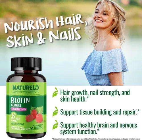 Miniatura 5 de NATURELO Gomitas de biotina - Apoya el cabello, la piel y las uñas saludables - Alta potencia 2500 mcg - Sin OMG, sin gluten - 60 gomitas