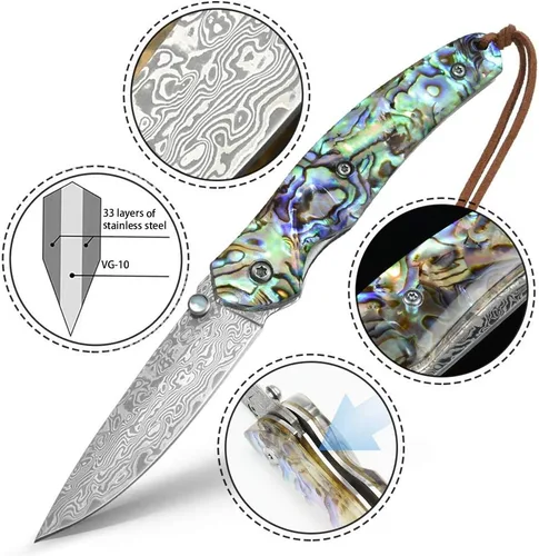 Miniatura 2 de NedFoss Cuchillo de bolsillo, cuchillo de bolsillo de damasco con mango de concha de abulón, cuchillo plegable de acero de Damasco forjado hecho a