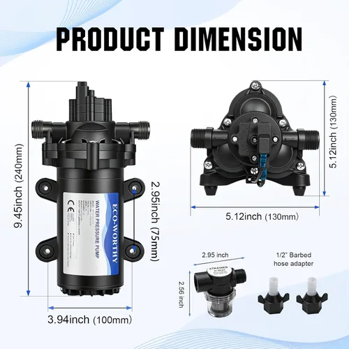 Miniatura 2 de ECO-WORTHY - Bomba de presión de diafragma de agua de la serie 33, industrial, 110V AC, flujo de 4.0 GPM, presión nominal de 50 PSI, bomba