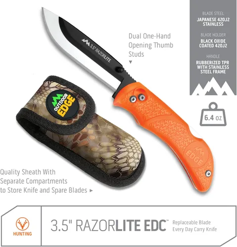 Miniatura 2 de Cuchillos Outdoor Edge RazorPro L de caza con cuchilla reemplazable de afeitar ultraafilada, mango naranja antideslizante TRP, funda para cinturón