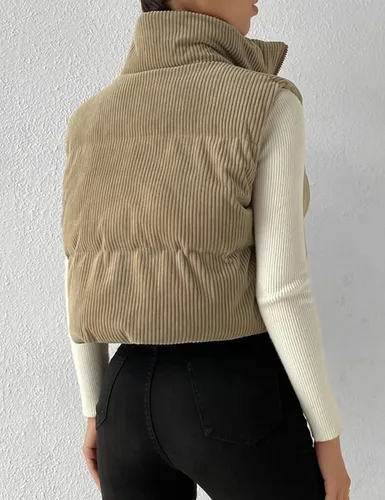 Miniatura 6 de Gihuo Chaleco acolchado de pana para mujer, con cuello alto, con cremallera, acolchado, sin mangas, chaleco