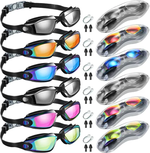 Macarrie Paquete de 6 gafas de natación para hombre, sin fugas, antiniebla, protección UV, con tapones para los oídos, clip para la nariz, gafas de