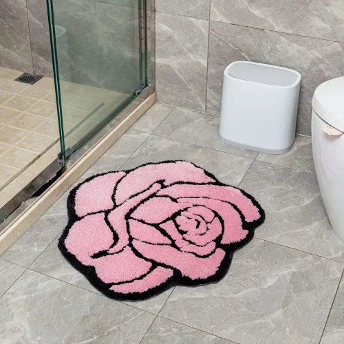 Miniatura 7 de Bonita alfombra de baño rosa para baño, antideslizante, absorbente, con forma de flor, alfombra de ducha esponjosa, decoración floral, alfombra