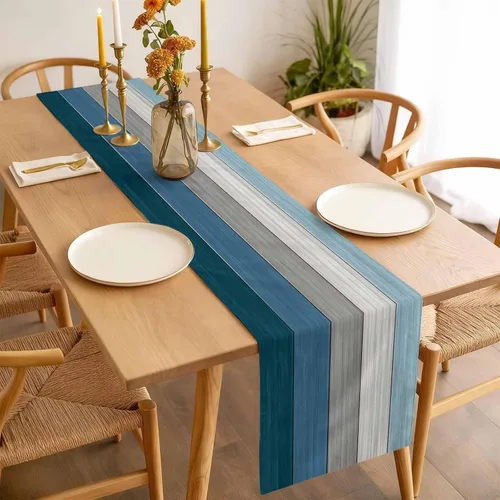 Miniatura 3 de Ocean Hues Farmhouse - Camino de mesa de lino y algodón, estilo retro, con textura de madera de granero rústica, degradado, azul, gris, Azul