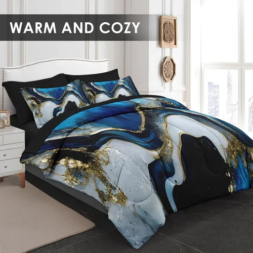 Miniatura 2 de Pamnest Juego de edredón tamaño Twin, juego de ropa de cama de mármol azul profundo de 5 piezas para niños y adultos, juegos de sábanas de piedra