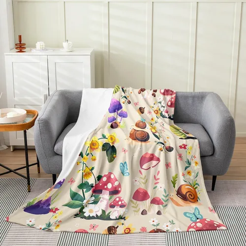 jejeloiu Cute Mushroom Decor Plush Throw Blanket, For Kids Boys Girls 40"x50" Botanical Plants All Season,Bed Blanket Cartoon Mushrooms Flannel
