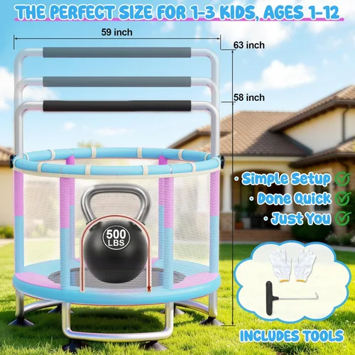 Miniatura 6 de 60" Toddler Trampoline for Kids,5FT Kids Trampoline for Toddlers 1-3,Upgrade Adjustable Kids Trampoline Indoor Outdoor,Mini Trampoline for Kids Rosa