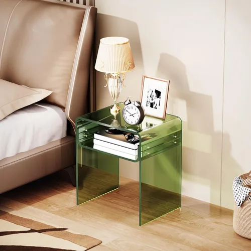 Miniatura 2 de Mesa auxiliar de 2 niveles de acrílico transparente; mesa de noche para sala de estar, dormitorio (1, Verde)