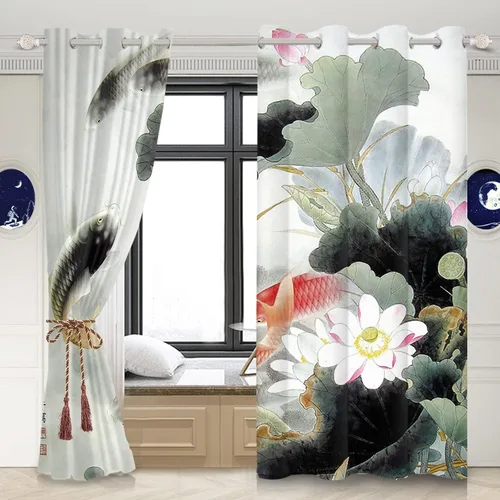 Miniatura 2 de Renaiss Cortinas de carpa para ventana, 29 pulgadas de ancho x 45 pulgadas de alto, pintura de tinta oriental, hojas de loto, lirio de agua negro