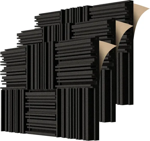 TroyStudio Paneles de espuma acústica autoadhesivos, 12 x 12 x 2 pulgadas, 18 piezas de espuma absorbente de sonido de banda ancha, azulejos Negro
