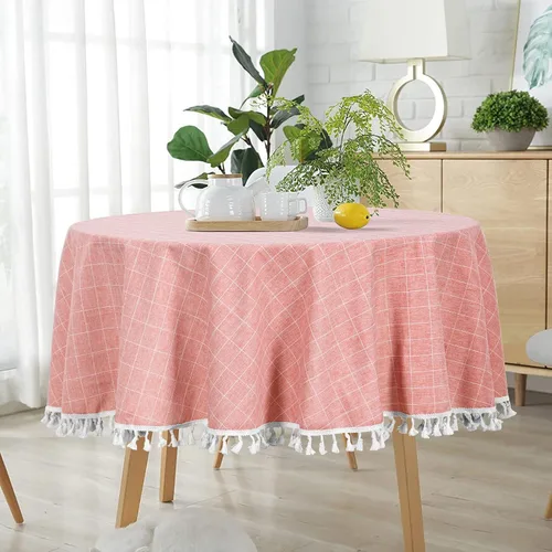 Miniatura 9 de ShinyBeauty Mantel Redondo Rosa Bebé de 55 Pulgadas Mantel Gingham Rosa a Cuadros Mantel de Mesa de Algodón para Mesa Redonda Mantel a Cuadros Rosa