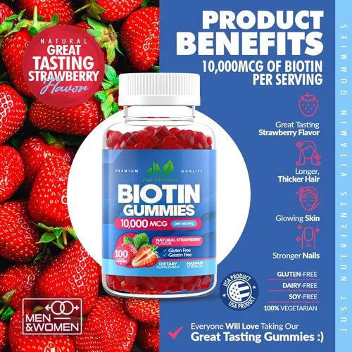 Miniatura 3 de Biotin - Gomitas de 10,000 mcg para el crecimiento del cabello, la piel y las uñas (100 unidades) – 2 vitaminas de biotina de máxima fuerza