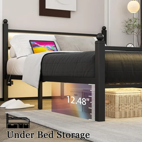 Miniatura 6 de Jenmit - Estructura de cama de tamaño completo con estación de carga y luces LED, estructura de cama de plataforma metálica con cabecera y pie
