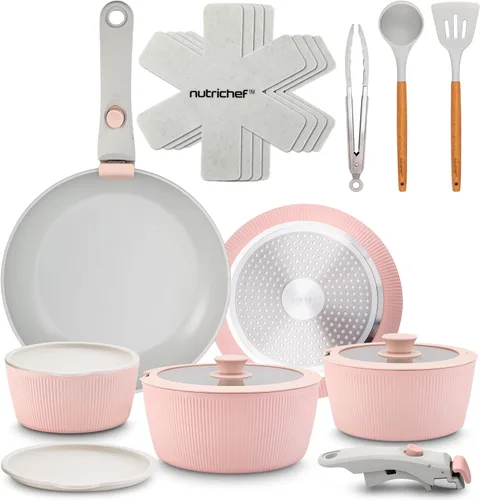 Miniatura 10 de NutriChef - Juego de 18 piezas de utensilios de cocina de cerámica con mangos desmontables, ollas y sartenes antiadherentes, revestimiento de Crema