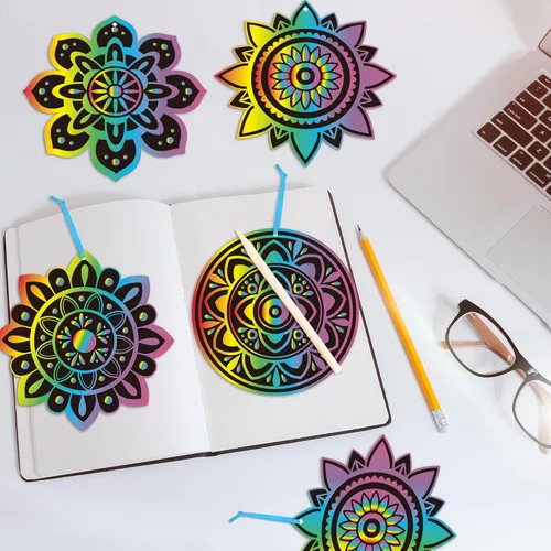 Miniatura 4 de BeYumi Diwali - Juego de 60 tarjetas para rascar con mandala, para niños, para manualidades, papel mágico para rascar, para colgar, adornos florales