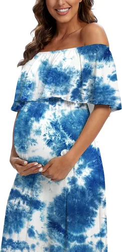 Miniatura 6 de Vestido largo de maternidad con volantes y hombros descubiertos, vestido largo y fluido para baby showersesión de fotos