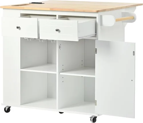 Miniatura 8 de Isla de cocina con toma de corriente, isla de almacenamiento de cocina con hojas caídas y madera de goma, mesa de carrito de cocina con 5 ruedas
