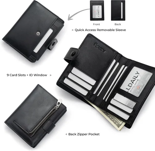 Miniatura 2 de Alldaily Cartera pequeña de piel con bloqueo RFID para mujer, plegable con 10 ranuras para tarjetas y bolsillo con cremallera, Negro, Pequeña