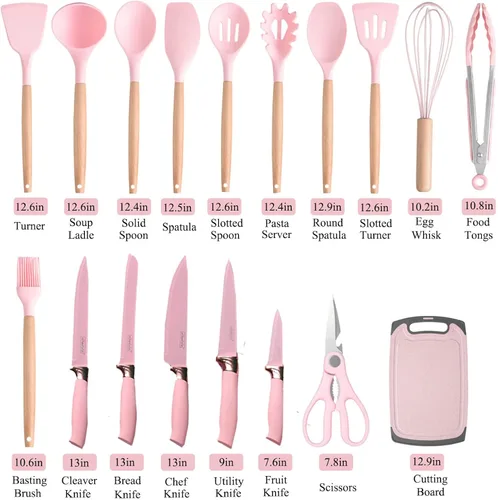 Miniatura 5 de Juego de cuchillos de cocina con bloque, juego de utensilios de cocina de silicona rosa de 19 piezas y juego de cuchillos de acero inoxidable