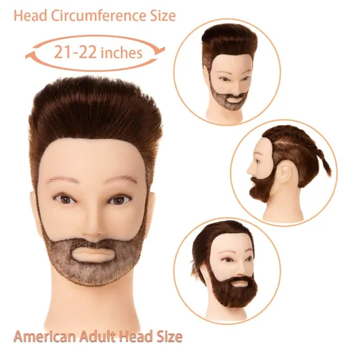 Miniatura 2 de Stancia Cabeza de maniquí masculino, cabeza de entrenamiento con cabello 100% humano, cabeza de maniquí de peluquero de 14 pulgadas, cabeza