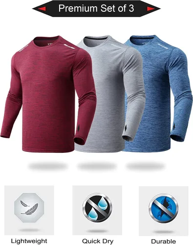 Miniatura 7 de Paquete de 3 camisetas de manga larga para hombre ajuste seco casual senderismo rendimiento atléticas activas con agujeros para el pulgar