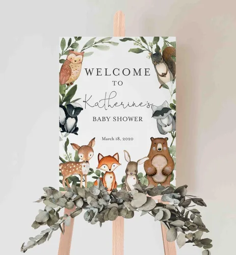 Miniatura 16 de Cartel de bienvenida de baby shower, cartel de bienvenida editable con texto en inglés "It's a Girl Woodland", letrero de bienvenida de baby shower