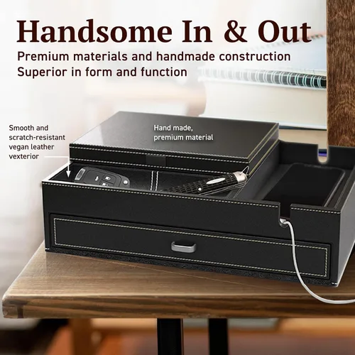 Miniatura 4 de HOUNDSBAY Admiral Dresser Valet Box y organizador de joyero para hombre, organizador de caja de reloj para hombres con estación de carga grande