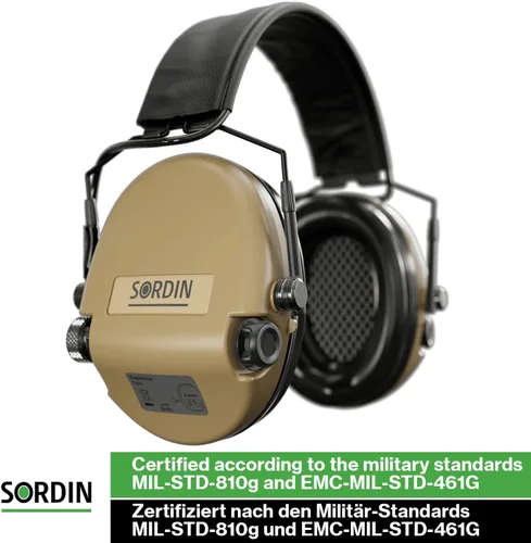 Miniatura 6 de Sordin MIL AUX Slim Ear Muffs - Active and Electronic Military Ear Defenders w/Leather Headband - Tactical Earmuffs Beige Bronceado