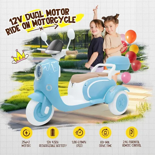 Miniatura 2 de Motocicleta eléctrica para niños de 2 plazas con control remoto, 3 ruedas de 12 V con USB, música, Bluetooth, luz, caja de almacenamiento grande, 2
