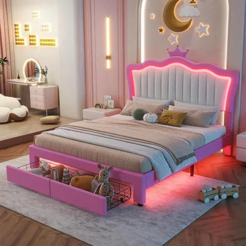 Miniatura 10 de Cama de plataforma tapizada de tamaño individual, marco de cama de plataforma de madera con cabecera en forma de corona, elementos de dibujos