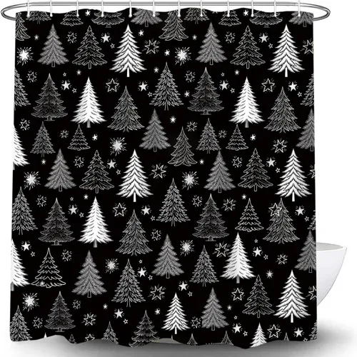 Miniatura 7 de Cortina de ducha con diseño de árbol de Navidad, color negro y blanco, diseño de árbol de Navidad retro, copo de nieve, diseño de pino de Año Nuevo