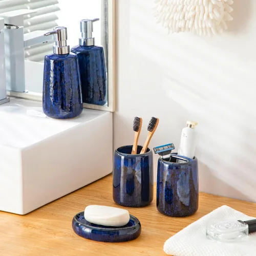 Miniatura 8 de vancasso Juego de accesorios de baño azul, juego de dispensador de jabón de cerámica y soporte para cepillos de dientes, juego de 4 piezas de loza