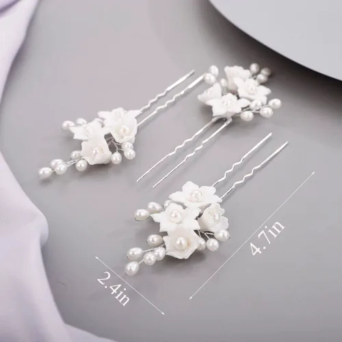 Miniatura 4 de Chargances 3 horquillas para el pelo de perlas de flores blancas para novia, cuentas de perlas plateadas, hechas a mano, accesorios para el cabello