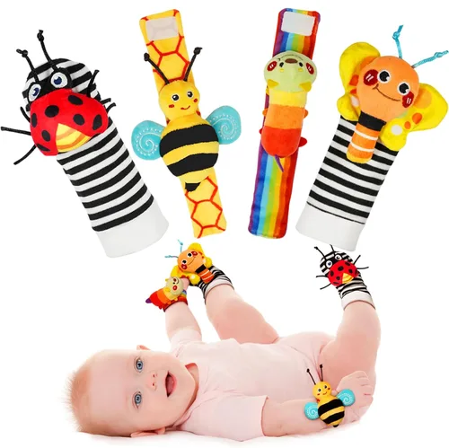 Miniatura 8 de Infinno Juego de calcetines y pulseras de sonajero para bebés de alto contraste, regalo ideal para recién nacidos de 0 a 12 meses, juguetes en Negro