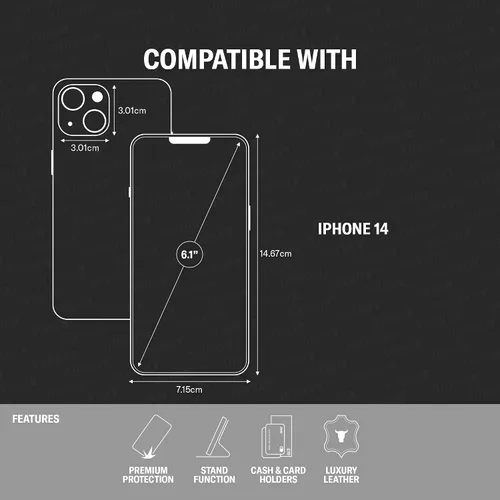 Miniatura 2 de TORRO Funda de cuero compatible con iPhone 14 – Funda de piel auténtica tipo cartera con tarjetero y función atril (negro)