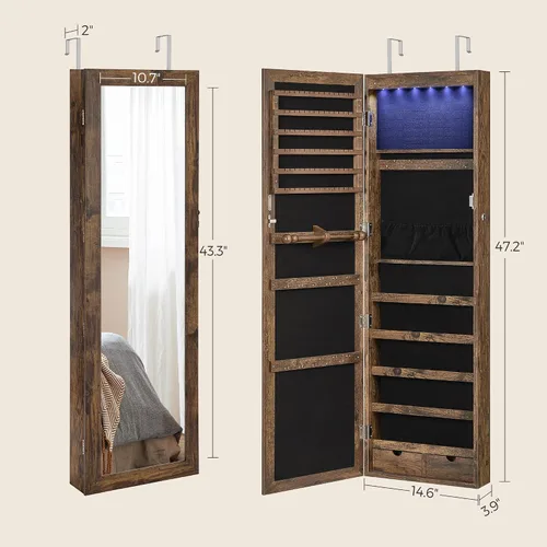 Miniatura 6 de SONGMICS - Gabinete organizador de joyas con 6 luces LED, para montar en la pared o en la puerta, de 47.3pulgadas de alto, con espejo y 2 cajones