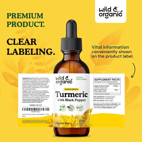 Miniatura 9 de Wild & Organic Suplemento líquido de cúrcuma – Soporte para articulaciones – Curcumina de cúrcuma con extracto de pimienta negra – Gotas de raíz