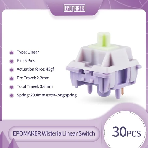 Miniatura 2 de EPOMAKER Wisteria - Interruptores mecánicos lineales de 39gf para teclado, interruptor cremoso pre-lubricado de 5 pines, 30 piezas, con vástago POM