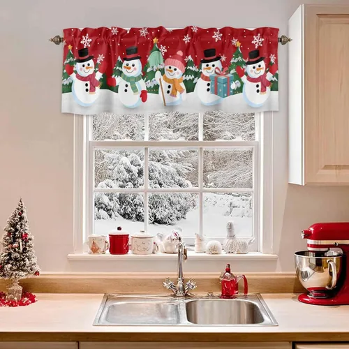 Miniatura 25 de Cenefas de gnomo de invierno para cocina, cafetería, cenefa de ventana de pino nevado de Navidad, cortinas cortas de copo de nieve azul, 60 x 18
