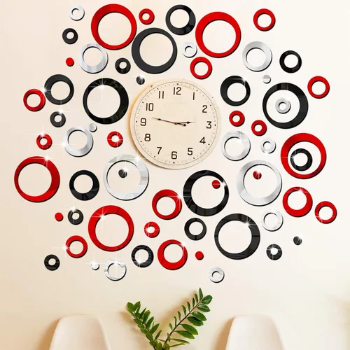 Miniatura 2 de Outus 72 Piezas Pegatinas de Pared Decorativas Espejo Circular Acrílico Removible Rojo y Negro Decoración de Pared Puntos Redondos a Granel DIY Rojo