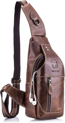 BULLCAPTAIN Bolsos de cuero genuino para hombre bandolera bandolera bandolera casual para hombre bolsa de pecho de viaje senderismo mochila (marrón)