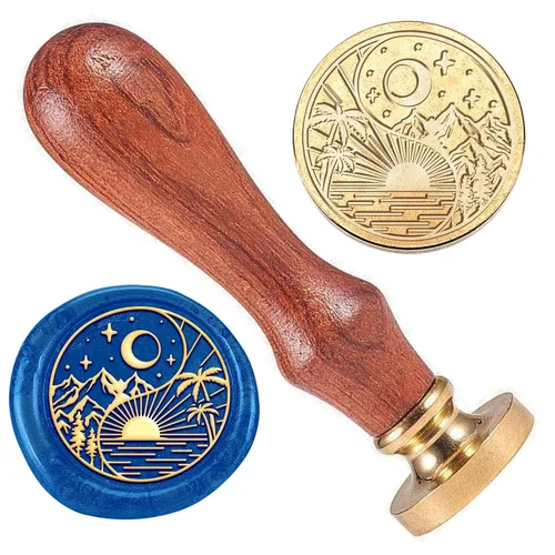 Sello de cera de paisaje de sol y luna, sello de sellado de cera de río de montaña, sello de sellado de cabeza de latón de 1 pulgada con mango de