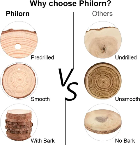 Miniatura 5 de Philorn Rebanadas de madera, 50 unidades de discos de madera de 2.4 a 2.8 pulgadas para manualidades, rebanadas de madera natural preperforadas sin